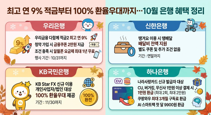 최고 연 9% 적금부터 100% 환율우대까지…10월 은행 혜택 정리