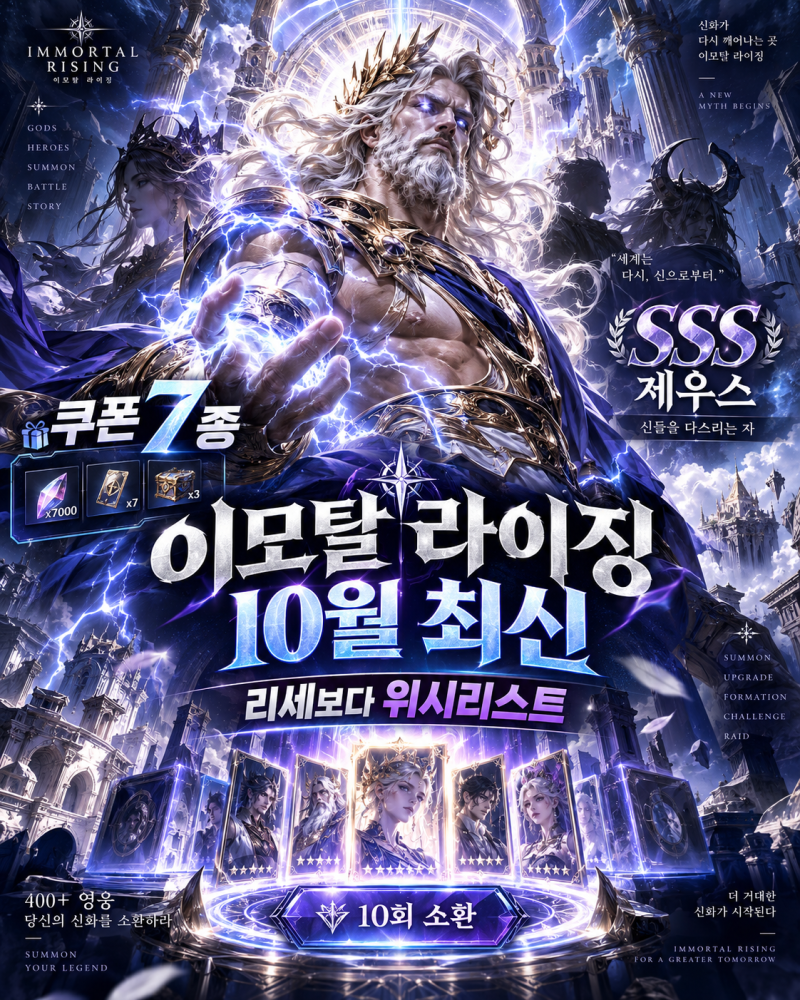 이모탈 라이징 티어, 쿠폰 10월 7종, SSS 제우스보다 먼저 챙길 캐릭터는?