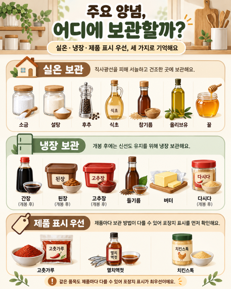 양념 어디에 보관할까? 간장·고춧가루·참기름·다시다 등 주요 양념 실온·냉장 보관법 총정....