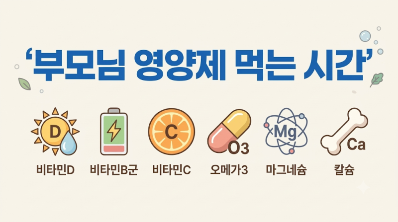 부모님 영양제 먹는 시간 총정리｜비타민D·B·C·오메가3·마그네슘 언제 먹을까?