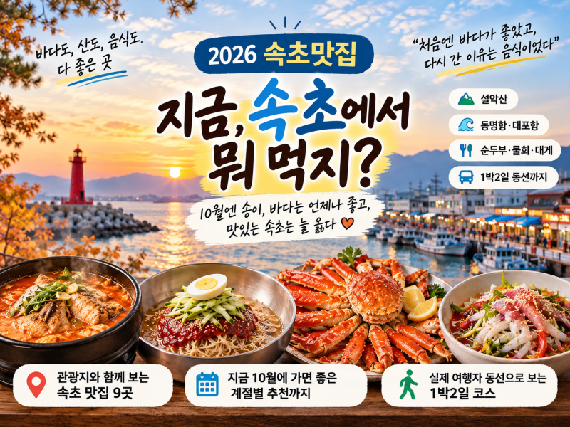 속초맛집 추천 2026｜아침식사부터 동명항 회·대포항 대게까지 1박2일 먹거리 코스