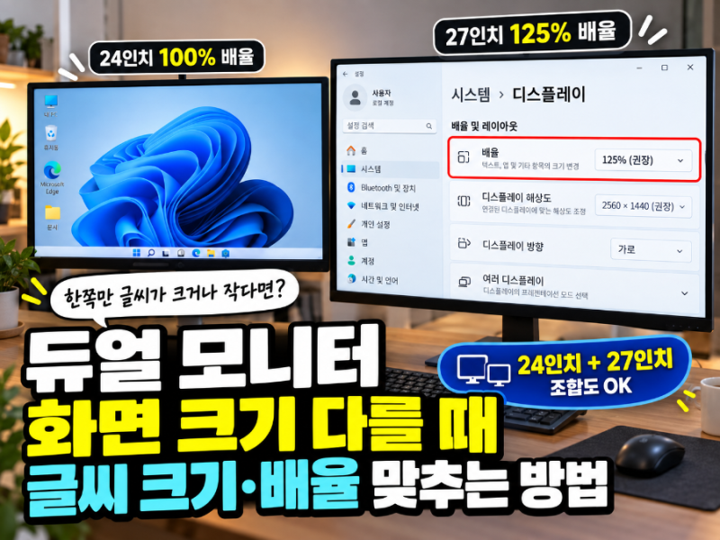 듀얼 모니터 화면 크기 다를 때 글씨 크기·배율 맞추는 방법