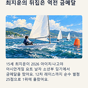 15세 최지운, 4위에서 뒤집은 요트 소년부 금메달