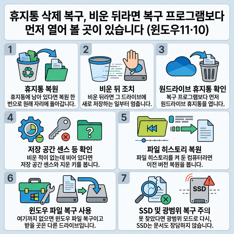 휴지통 삭제 복구, 비운 뒤라면 복구 프로그램보다 먼저 열어 볼 곳이 있습니다 (윈도우11·10)