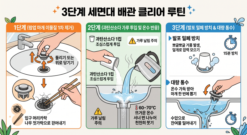 세면대 물 꿀렁거리며 역류할 때, 독한 락스 대신 과탄산소다로 5분 만에 뻥 뚫은 후기