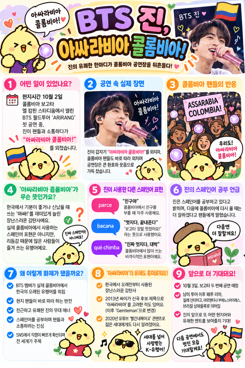BTS 뷔가 콜롬비아에서 “아싸라비아 콜롬비아”를 외쳤다고? 현지 팬들이 바로 따라한 이유
