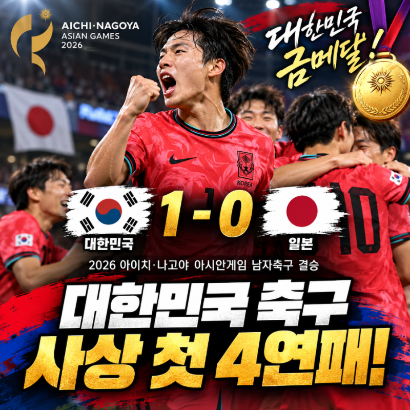 2026 나고야 아시안게임 축구 결승 한일전｜대한민국 일본 1-0 승리, 사상 첫 4연패!