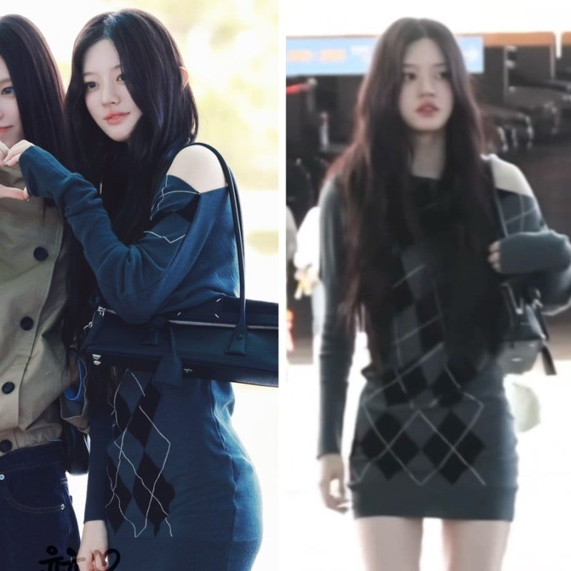 아일릿 민주도 입은 셀럽PICK! 니트 아가일 원피스 공항 패션(가방, 부츠도)