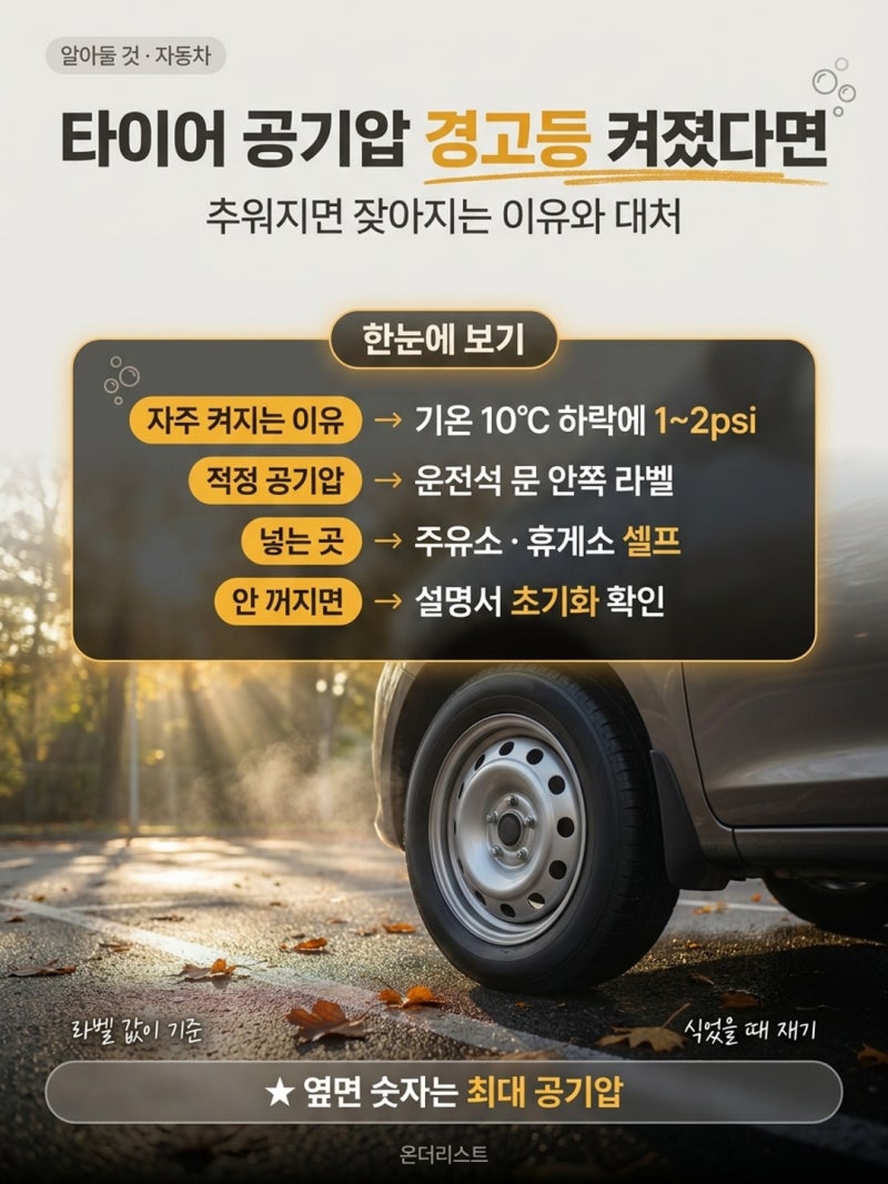 타이어 공기압 경고등, 기온 10도 떨어지면 생기는 일｜적정 공기압 위치·긴급출동·질소