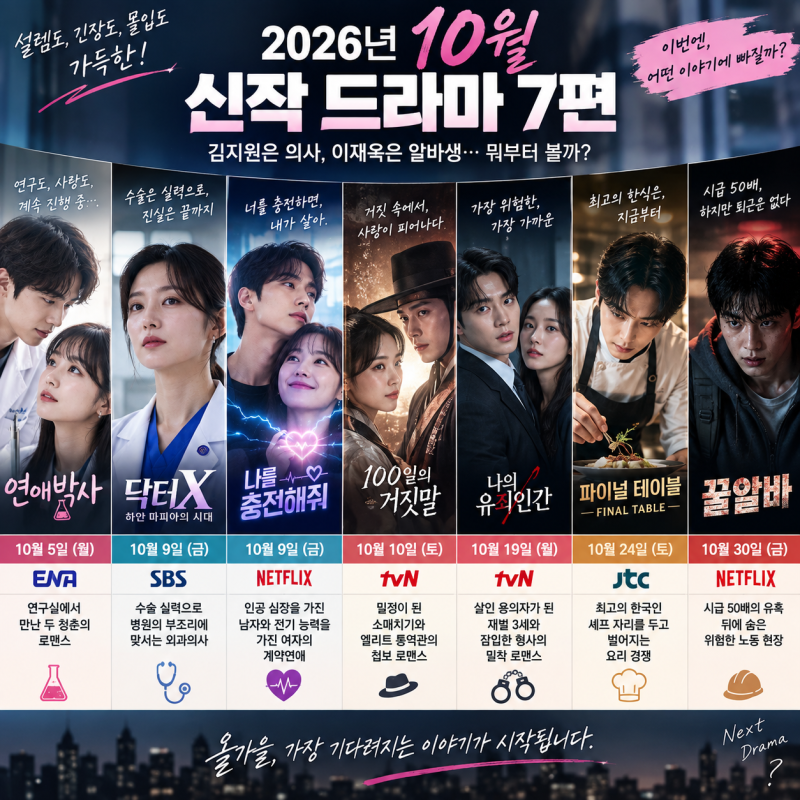 김지원은 의사, 이재욱은 알바생…2026년 10월 신작 드라마 7편, 뭐부터 볼까?