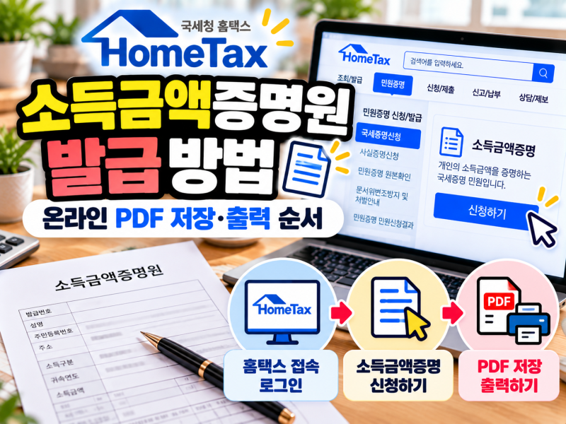 홈택스 소득금액증명원 발급 방법, 온라인 PDF 저장·출력 순서!