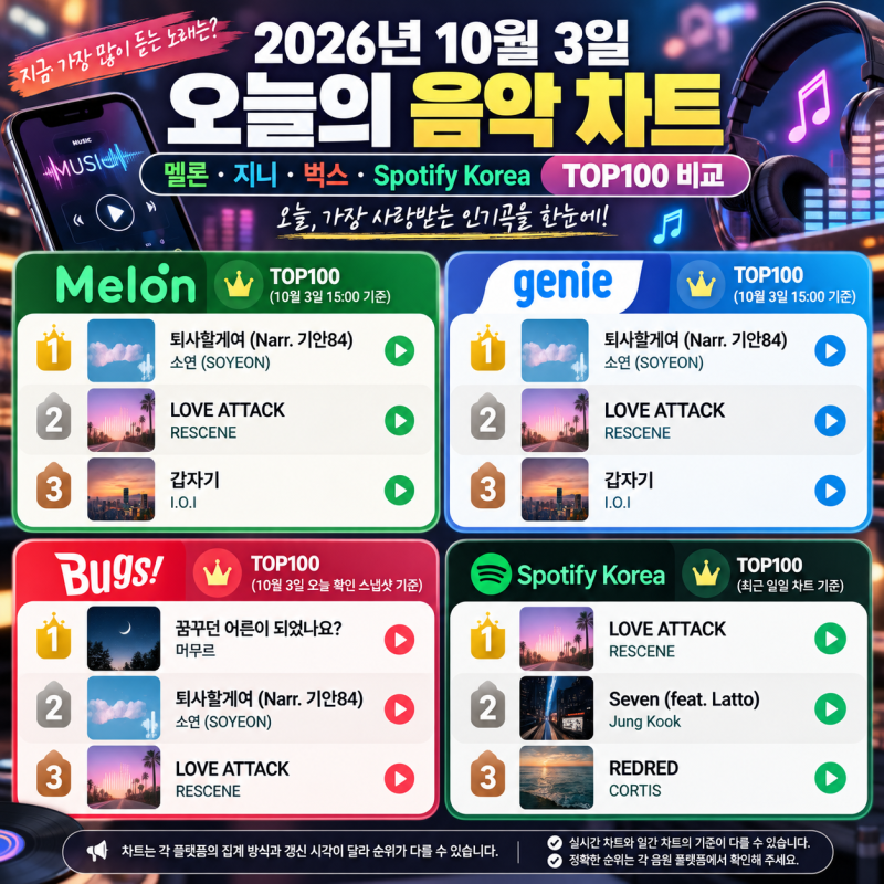 오늘 음악 차트 TOP100｜멜론·지니·벅스·Spotify Korea 인기곡 순위 총정리