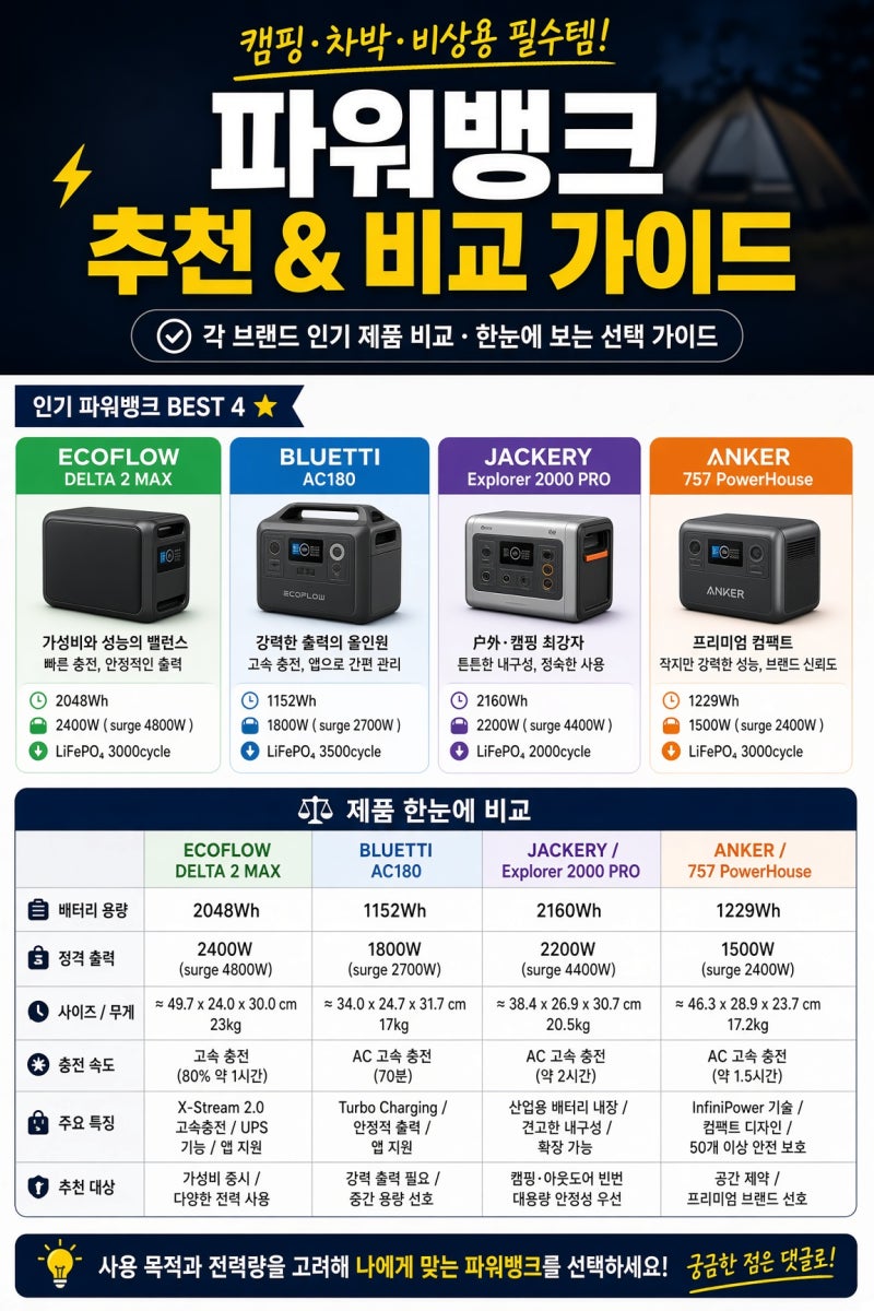 파워뱅크 배터리 종류별 추천 | 리튬이온·리튬폴리머·인산철, 실패 없는 브랜드와 제품