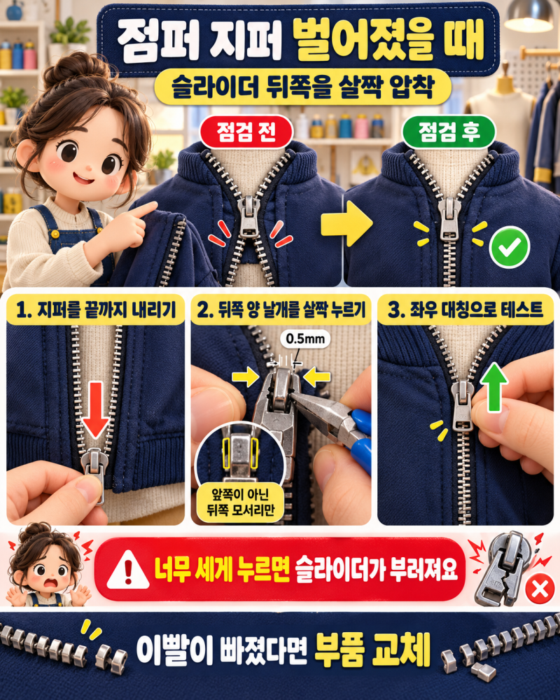 점퍼 지퍼 벌어졌을 때 슬라이더 펜치 압착 수리 매뉴얼