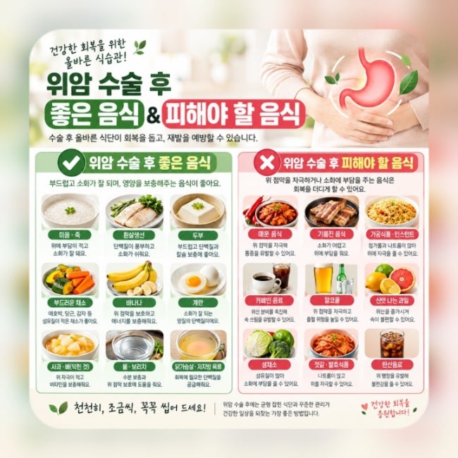 위암 수술 후 좋은 음식 : 속 편하고 소화 잘 되는 권장 음식과 피해야 할 음식