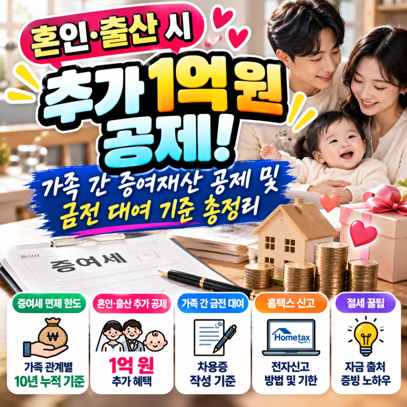 혼인·출산 시 추가 1억 원 공제! 가족 간 증여재산 공제 및 금전 대여 기준 총정리