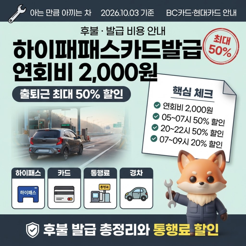 하이패스카드발급 후불 연회비 2,000원, 출퇴근 통행료는 최대 50% 할인