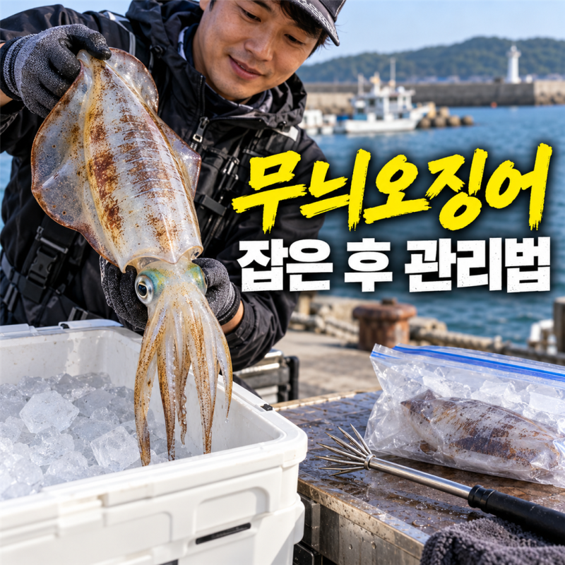 무늬오징어 잡은 후 관리법｜손바닥 기절부터 먹물 처리·보관까지
