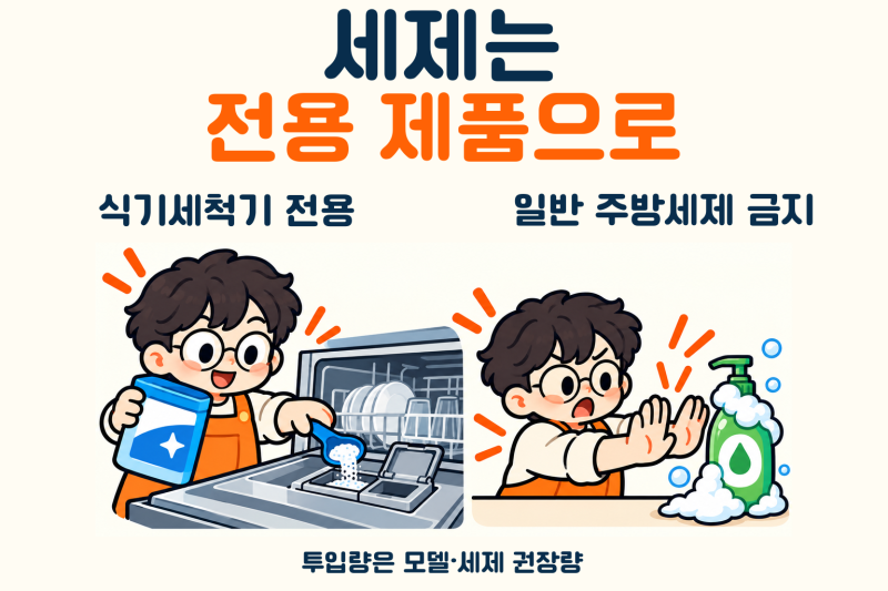 식기세척기 세제 잔여물, 양을 늘리기 전에 살필 투입구와 접시 배치