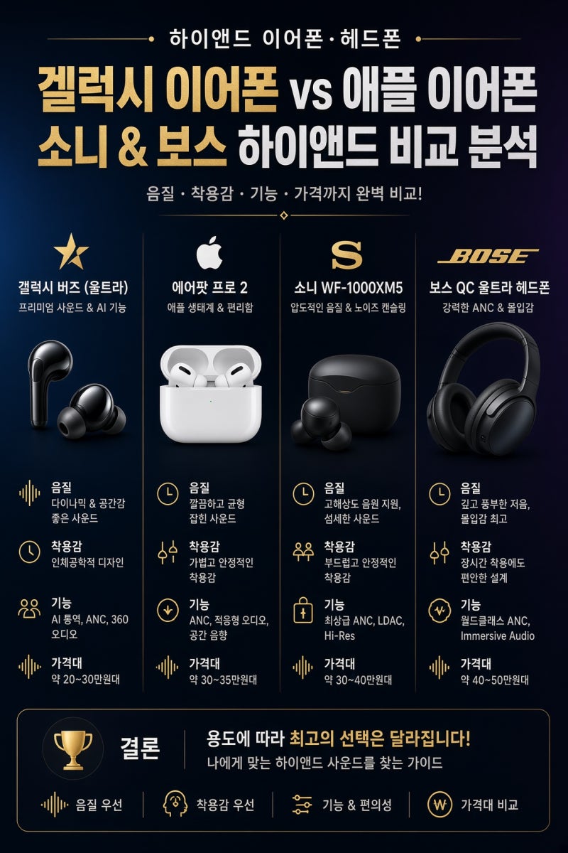 2026 하이엔드 무선이어폰 비교 | 갤럭시 버즈·에어팟 프로 3·소니 XM5·보스 QC 울트라, 누구한....