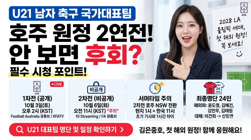 2026 U21 축구 호주전｜10월3·6일 한국시간·중계·24명 대표팀 명단