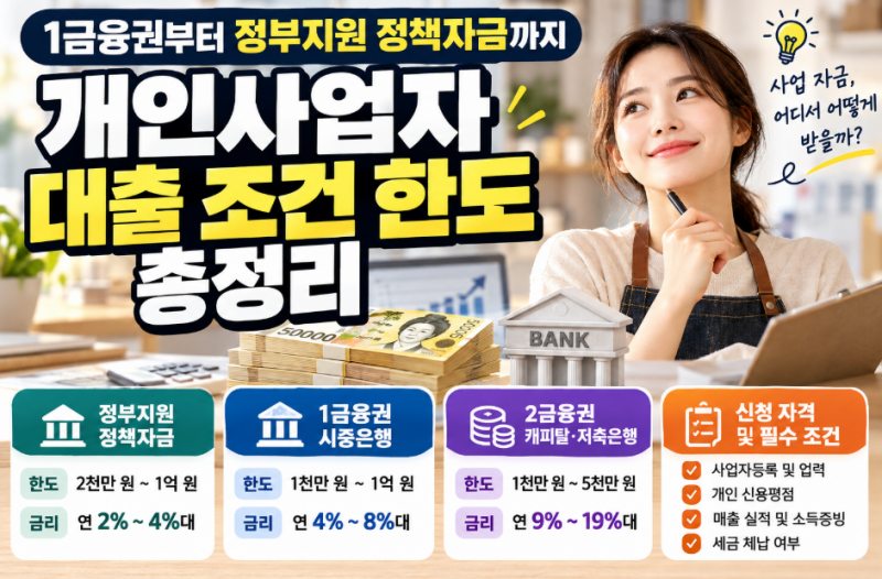 개인사업자 대출 조건 한도 총정리: 1금융권 신용대출부터 정부지원 정책자금까지