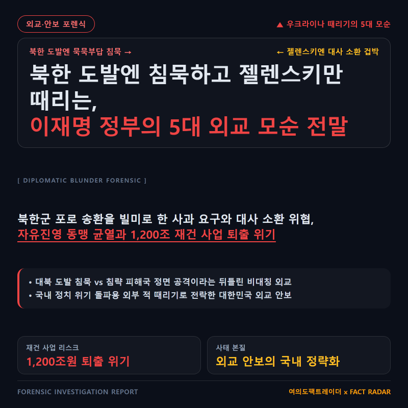 북한 도발엔 침묵하고 젤렌스키만 때리는 이재명… ‘5대 외교 모순’과 안보 참사 포렌식