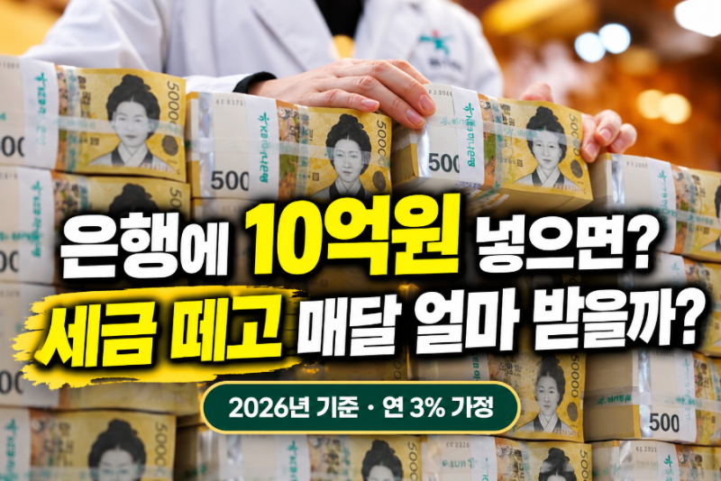 2026년 은행에 10억원 넣으면 매달 얼마 받을까? 65세 기준 연 3% 예금, 세금 떼고 실제 월수령액....