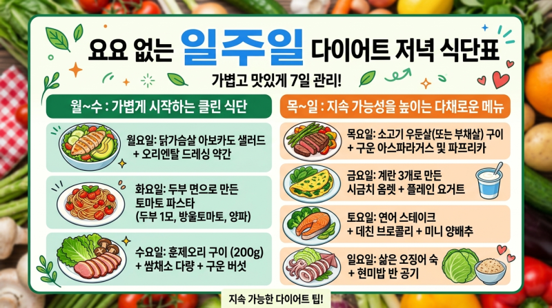 다이어트 저녁식단 추천: 요요 없이 살 빠지는 일주일 식단표