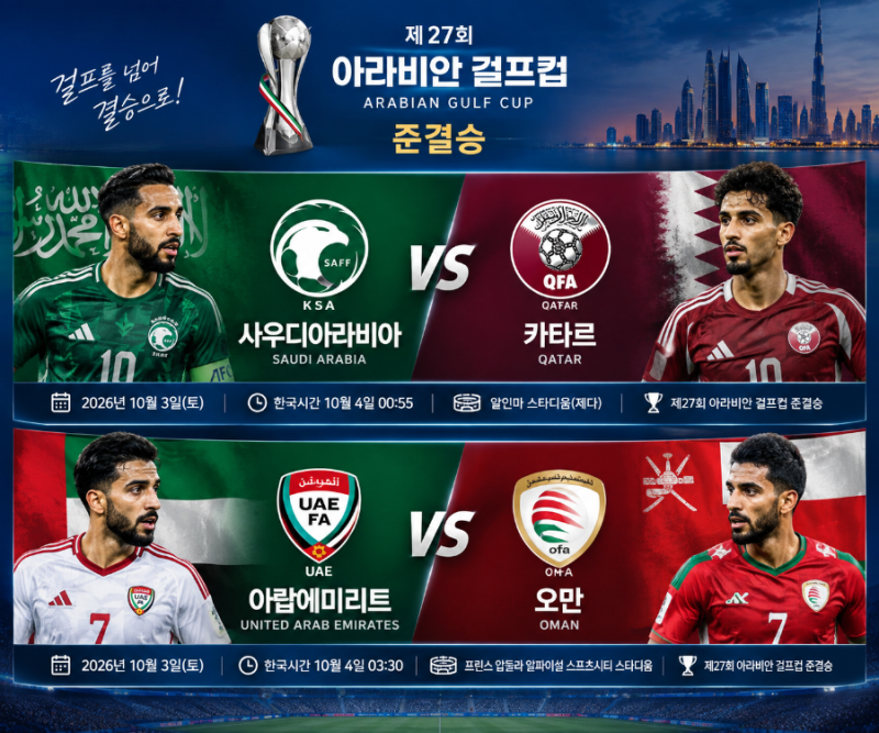 제27회 아라비안 걸프컵 준결승｜사우디아라비아 vs 카타르 · 아랍에미리트 vs 오만