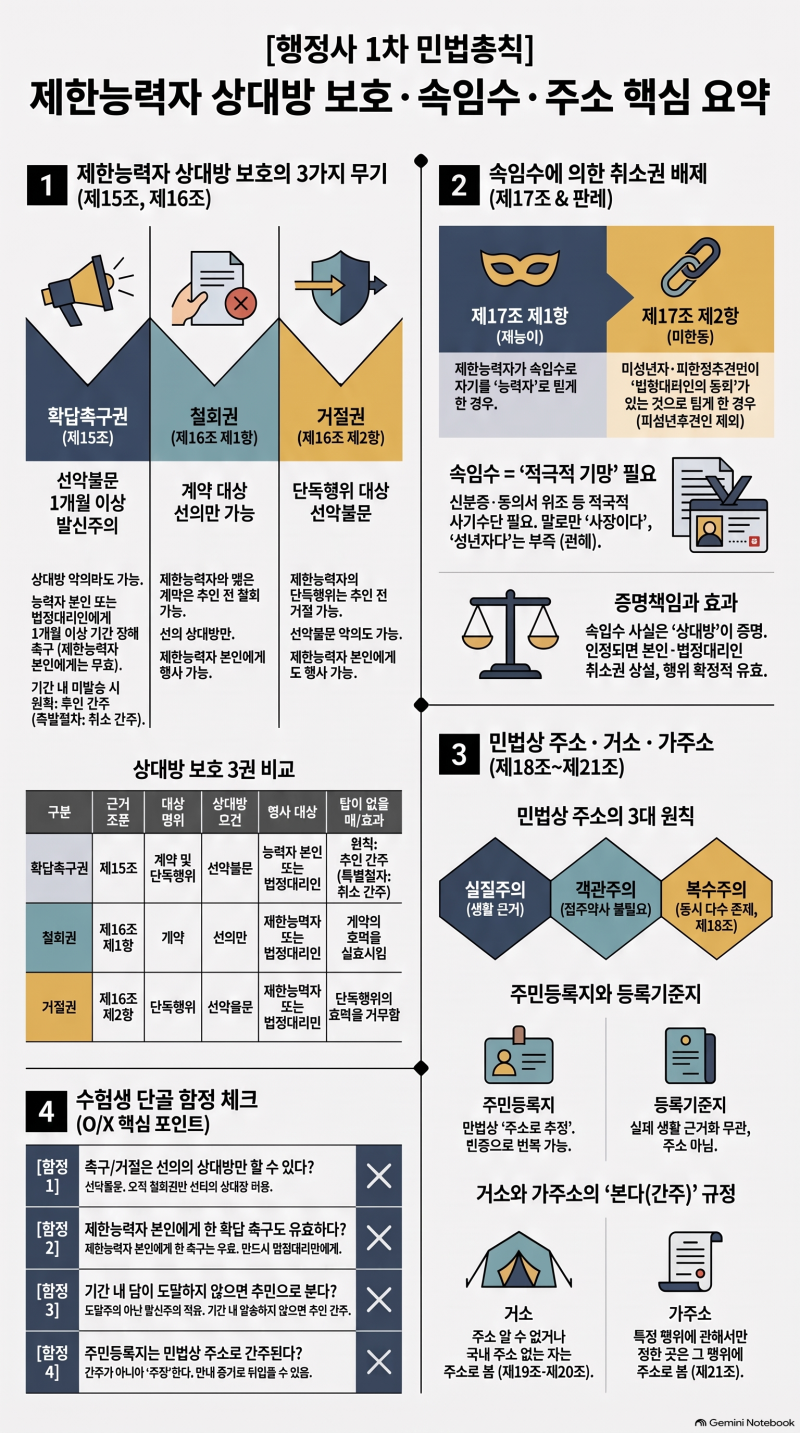 [행정사 민법총칙 비교특강 8편] 상대방 보호 3권과 속임수, 그리고 주소 (조민기·김중연/박....