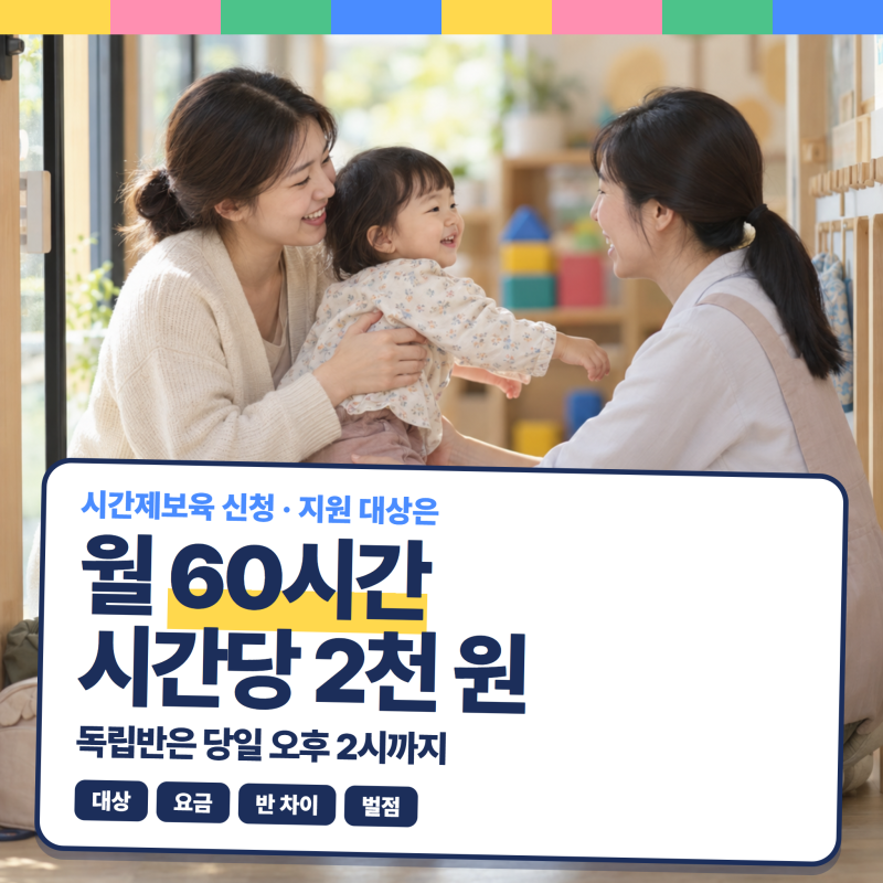 시간제보육 신청, 지원 대상은 월 60시간까지 시간당 2천 원! 독립반 당일 예약은 오후 2시까....
