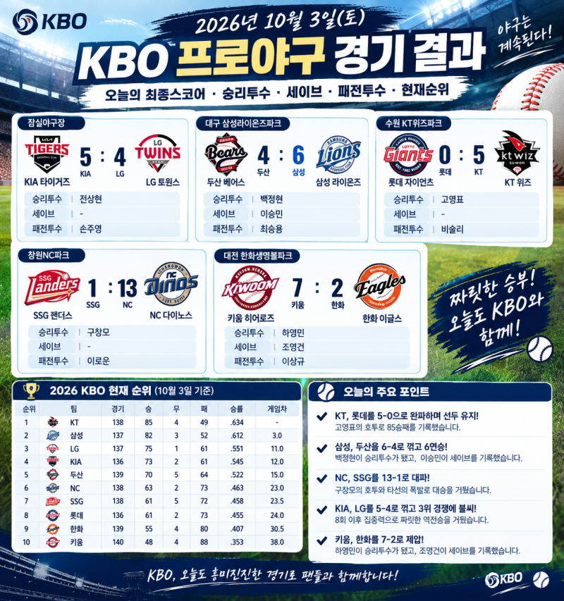 2026년 10월 3일 토요일 KBO 프로야구 경기 결과｜오늘 경기 최종스코어·승리투수·세이브·패....