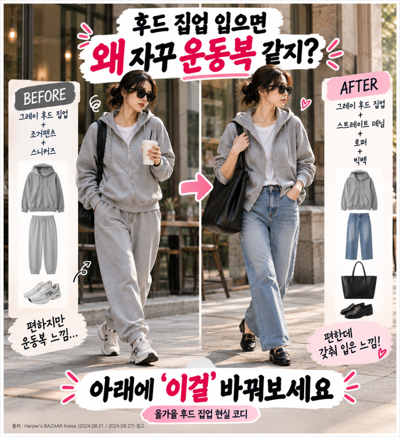 후드 집업 입으면 왜 자꾸 운동복 같지? 아래에 ‘이걸’ 바꿔보세요
