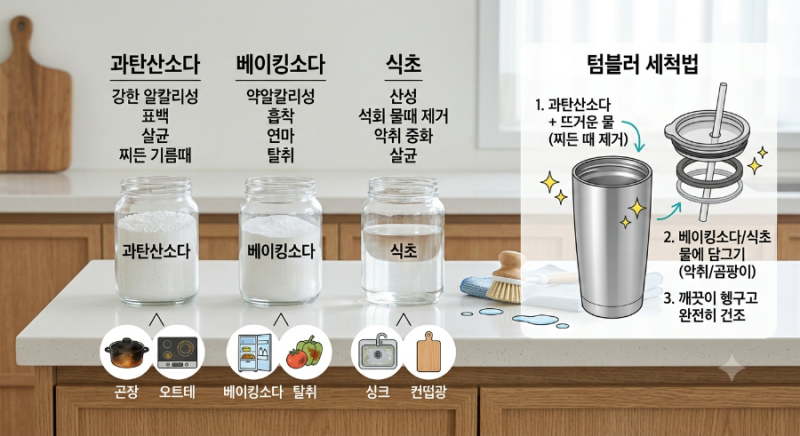 주방 기름때/물때 단번에 제거하기: 과탄산소다, 베이킹소다, 식초의 정확한 용도 구별법 및 ....