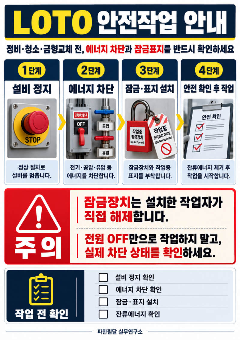 설비 정비·청소 전 LOTO 관리방법｜전원 차단부터 잠금·표지·작업 후 복구까지