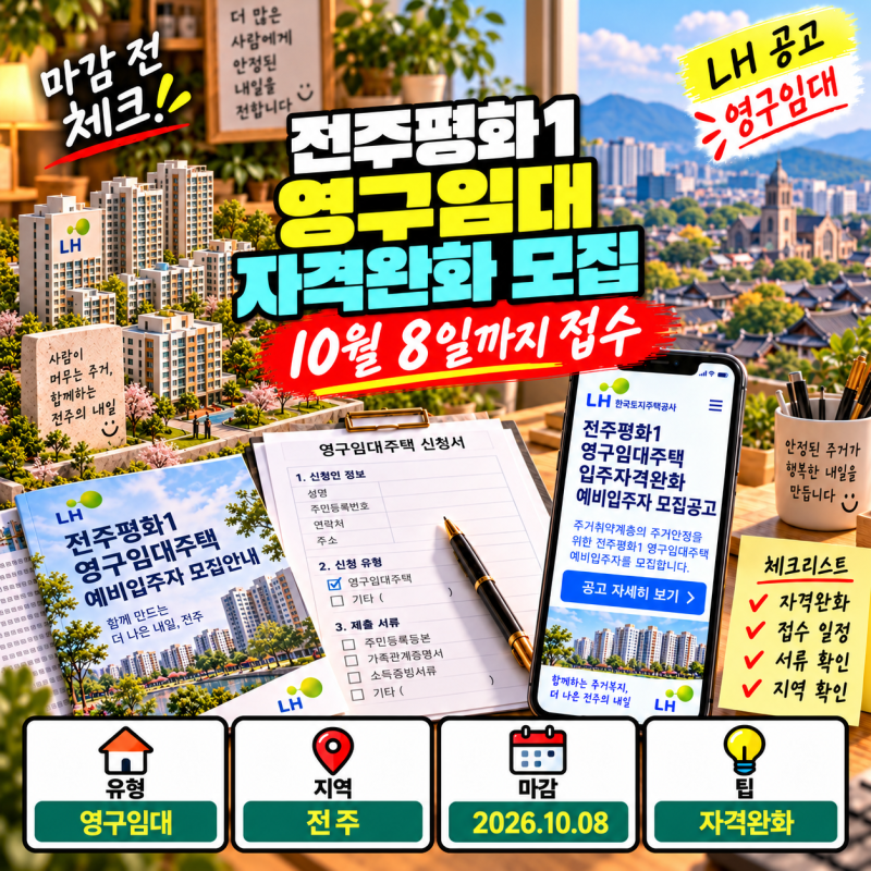 전주평화1 영구임대주택 자격완화 모집, 10월 8일까지 체크할 신청조건