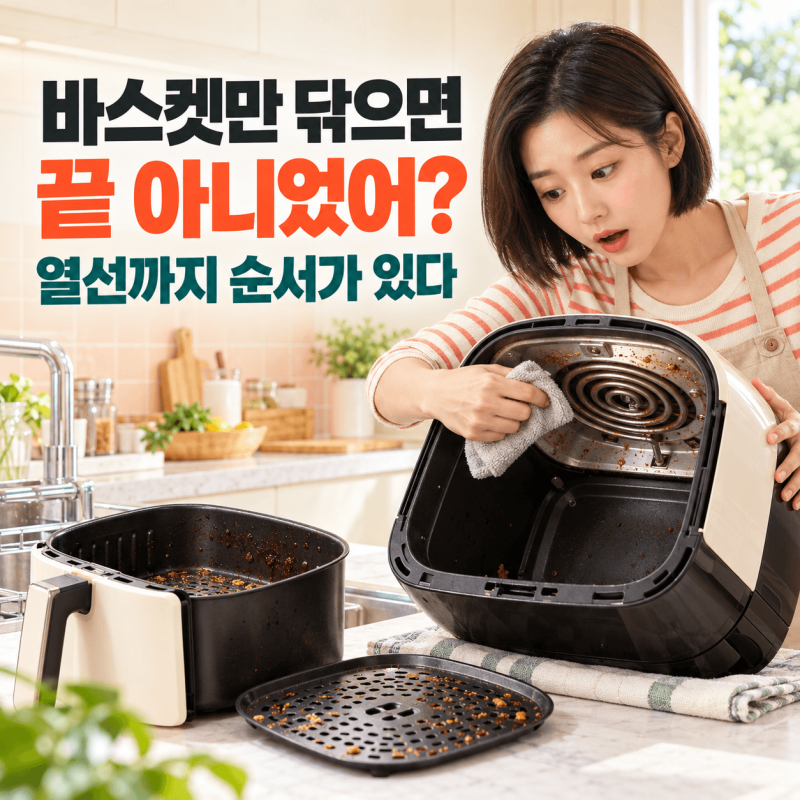 [에어프라이어 기름때] 에어프라이어 청소 방법, 바스켓부터 열선까지 닦는 순서