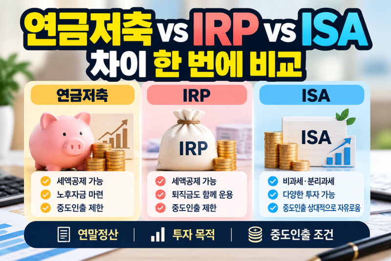 연금저축 vs IRP vs ISA 차이｜연말정산·투자·중도인출까지 한 번에 비교