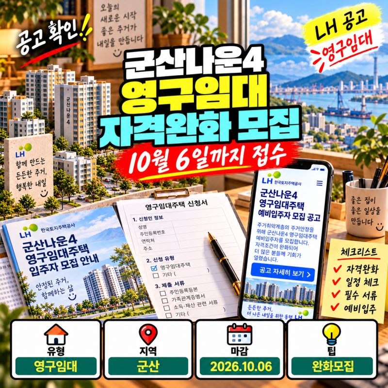 군산나운4 영구임대주택 자격완화 모집, 10월 6일 마감 전 필수 체크