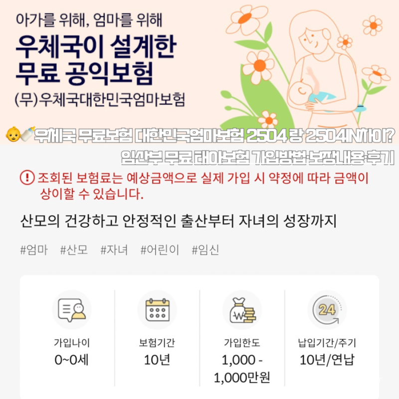 우체국 무료보험 대한민국엄마보험 2504 랑 2504IN차이?｜임산부 무료 태아보험 가입방법·보장....