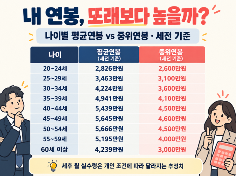 내 연봉, 또래보다 높을까? 나이별 평균·중위연봉과 세후 월급