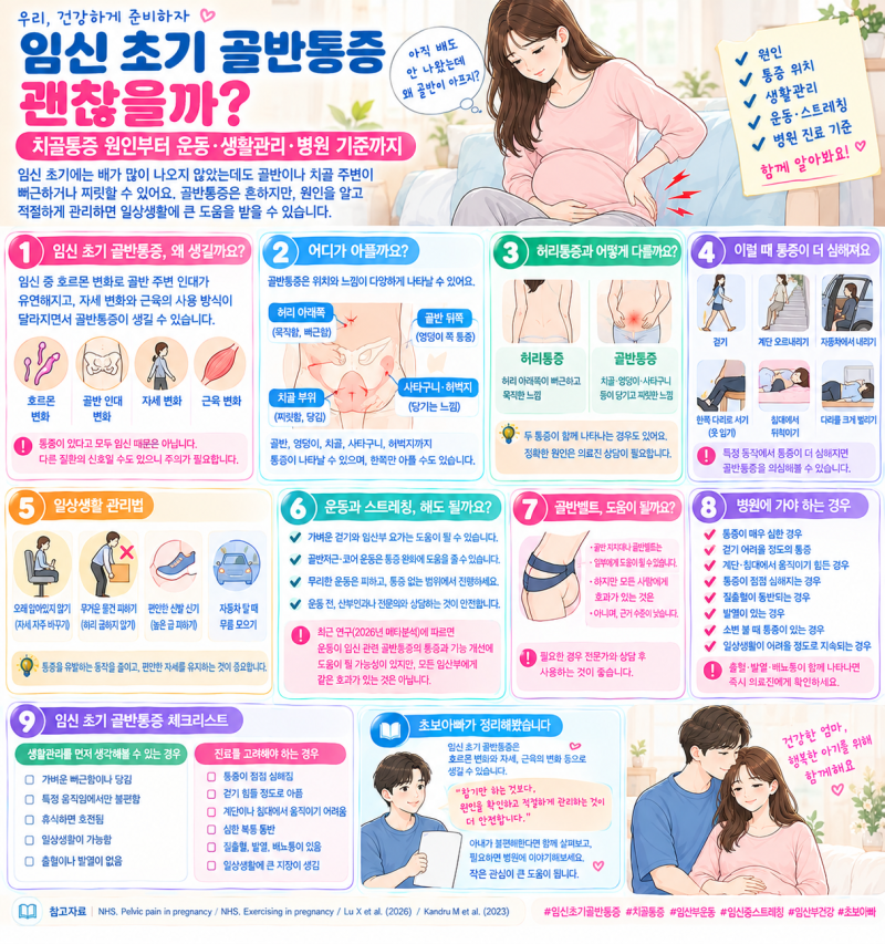 임신 초기 골반통증 괜찮을까?｜치골통증 원인부터 운동·생활관리·병원 기준까지