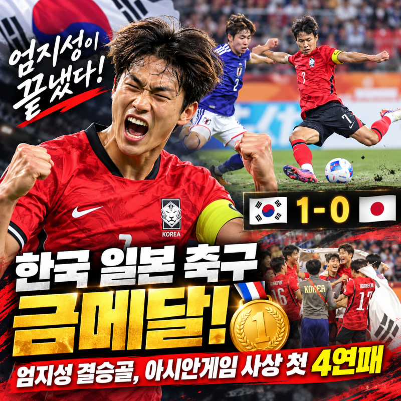 한국 일본 축구 1-0 승리｜엄지성 결승골, 아시안게임 남자축구 금메달·사상 첫 4연패