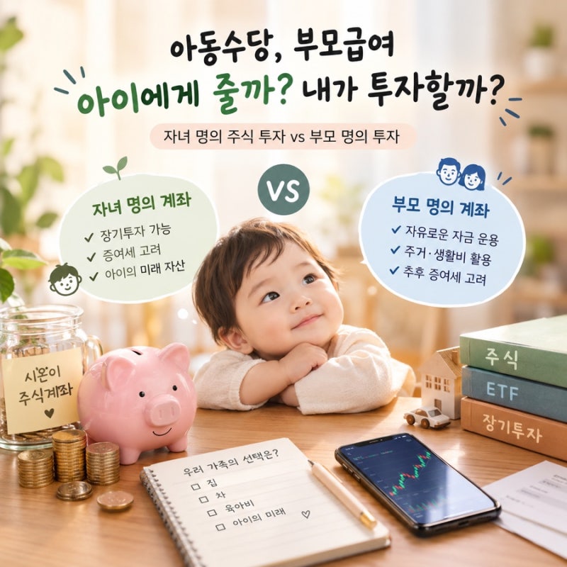 아동수당 부모급여, 아이 계좌에 모아줄까? 부모가 투자할까? 자녀 주식 증여와 장기투자 비....