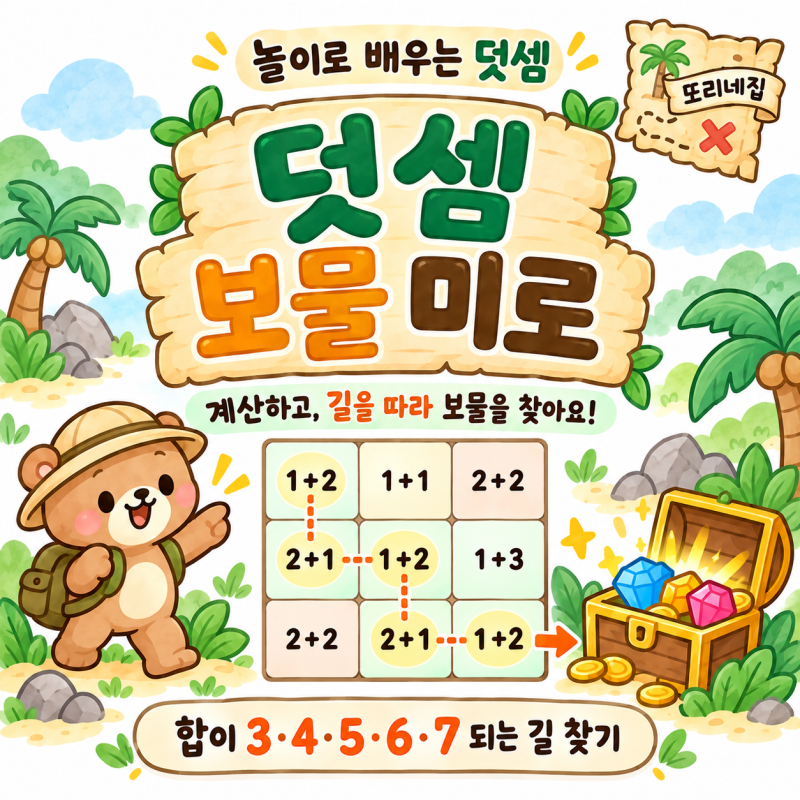 [도안나눔]유아 연산 덧셈 미로 도안｜계산하며 보물을 찾아요!