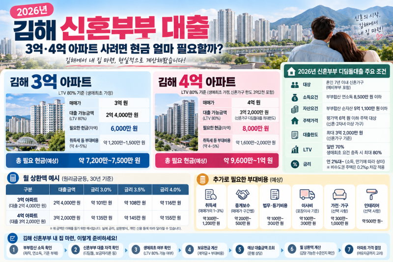2026 김해 신혼부부 대출｜3억·4억 아파트 사려면 현금 얼마 필요할까?