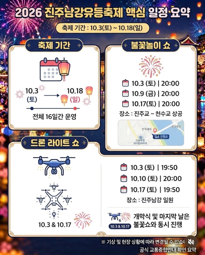 2026 진주남강유등축제 총정리| 일정, 주차장·셔틀버스, 불꽃놀이·드론쇼