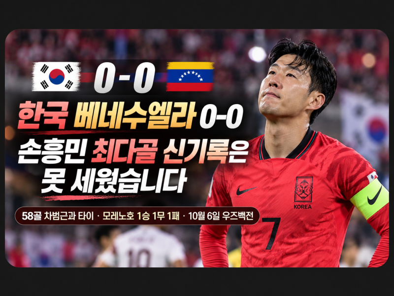 한국 베네수엘라 축구 0-0, 손흥민 최다골 신기록은 못 세웠습니다 | 58골 차범근과 타이·모레....