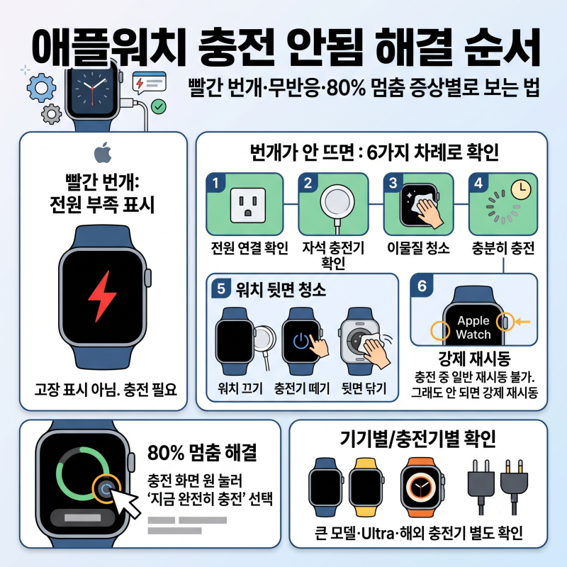 애플워치 충전 안됨 해결 순서 | 빨간 번개·무반응·80% 멈춤 증상별로 보는 법